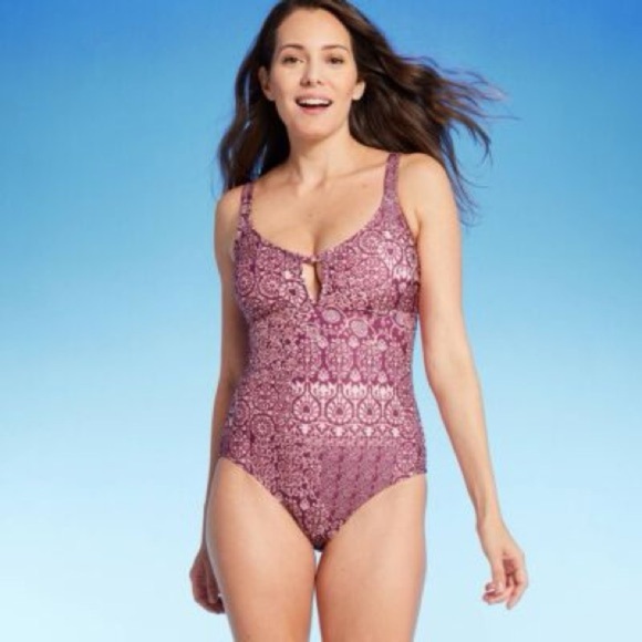 Kona Sol Boho Medallion Printed Pink Maroon One-Piece Swimsuit - Picture 1 of 7
